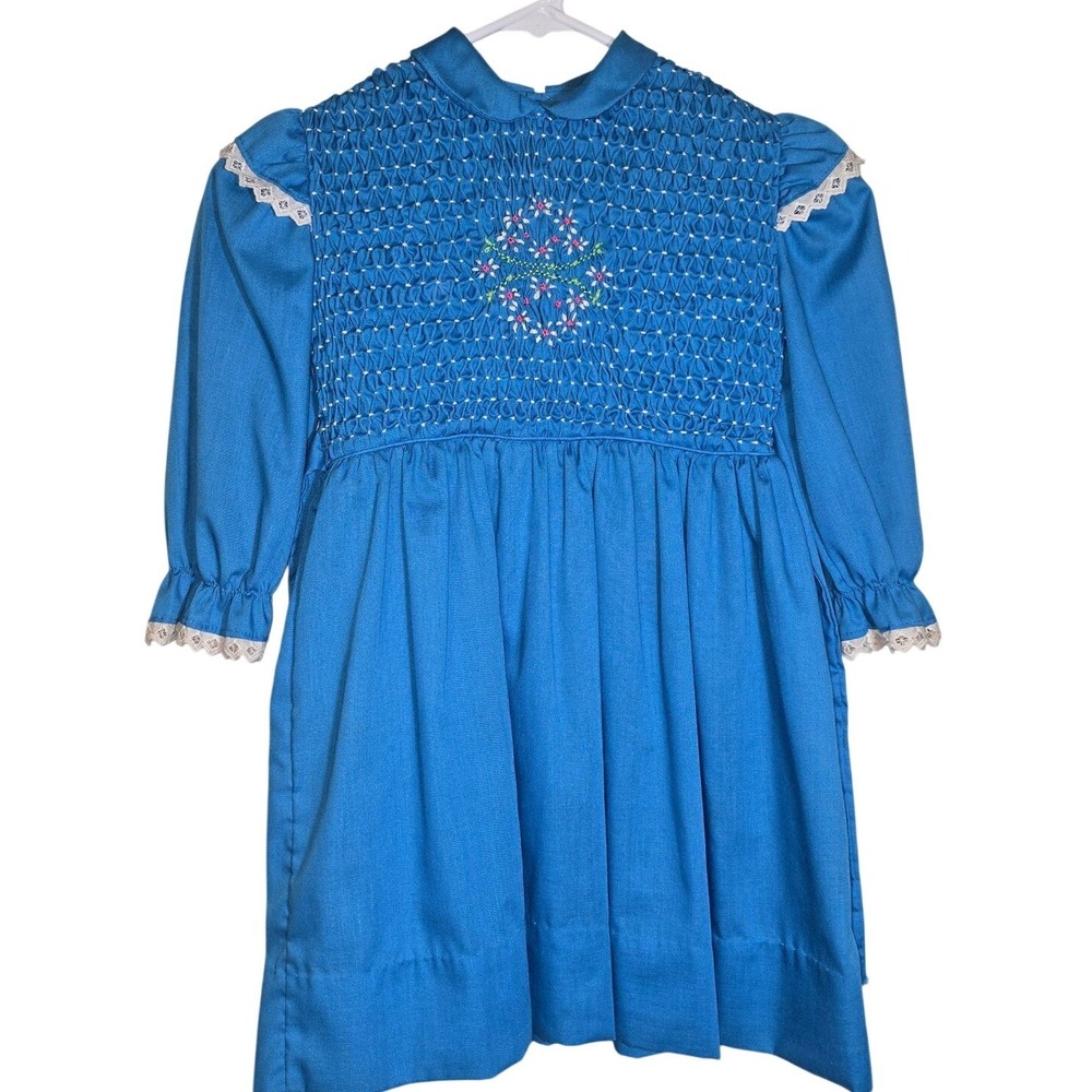Polly‎ Flinders Hand Smocked Bright Blue Dress Size 6X Style#44077 VINTAGE